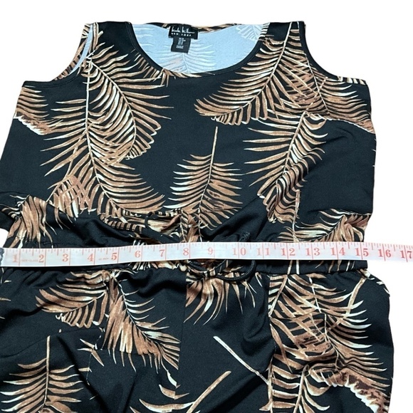 NICOLE MILLER Black w/ Brown Leaf Print Jumpsuit Elasticized Waist Side Pockets - Picture 6 of 10